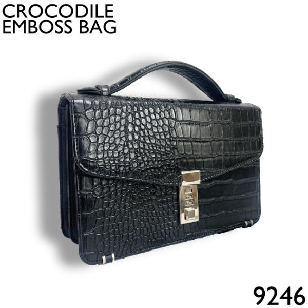 メンズ 紳士 セカンドバッグ セカンドポーチ クラッチバッグ　クロコ型押し　ブラック 錠付き  92...
