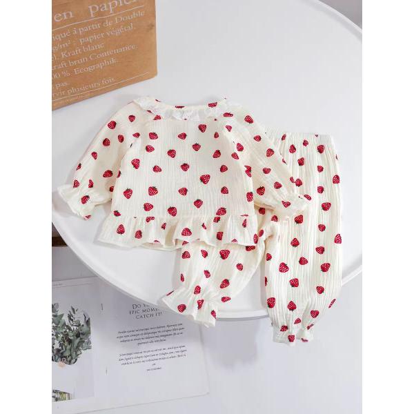 パジャマ キッズ 女の子 長袖 夏 綿100％ 肌に優しい レース いちご柄 可愛い 前開き 上下セ...