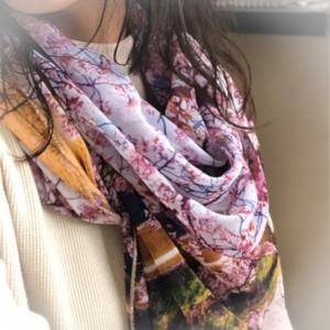 鴨川ほとり 〜桜〜 水野克比古 Ballett 大判スカーフ 日本製 京都 ご家庭で洗濯可 ギフトにも最適｜ballett