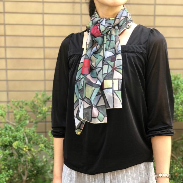 Ballett  落ち着いた色あいのステンドグラス柄スカーフ  日本製 〜驚くほどソフト＆しなやかタ...