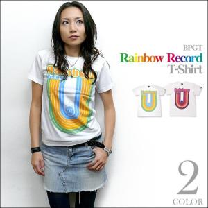 Rainbow Record (レインボーレコード) Tシャツ -G- 虹 ポップ ロック かわいい カジュアル 半袖 大きいサイズ ホワイト 白｜bambi