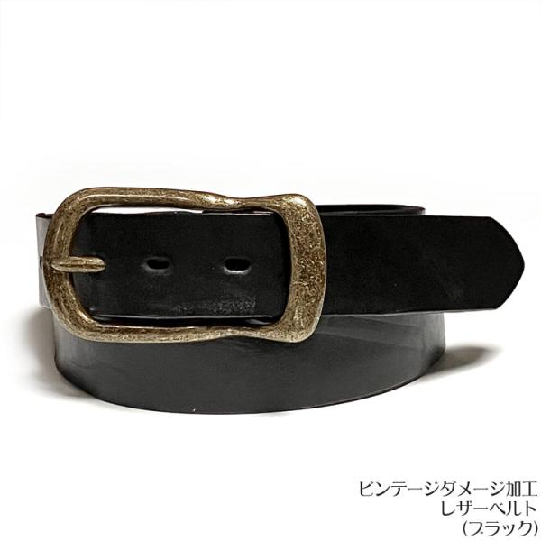 ビンテージダメージ加工 レザーベルト (ブラック) - tachiya -X- 黒色 Belt 牛革...