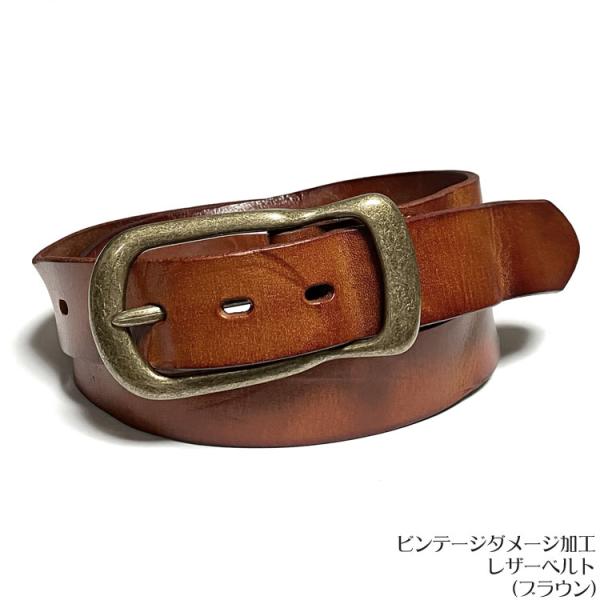 ビンテージダメージ加工 レザーベルト (ブラウン) - tachiya -X- 茶色 Belt 牛革...