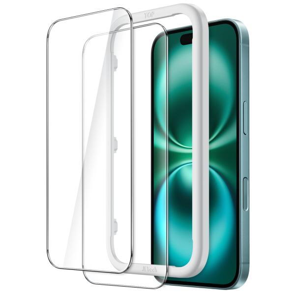JETech iPhone 16 6.1インチ用 液晶保護フィルム 強化ガラス製 ガイド枠付き ケー...