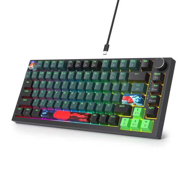 ワイヤードガスケット75％機械式キーボード、ホットスワップ可能、赤軸、RGBバックライト、82キーT...