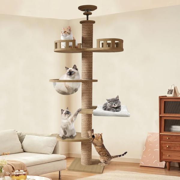 CozyMeow キャットタワー 突っ張り 木製 キャットツリー 木登りタワー 多層無垢材 太い支柱...