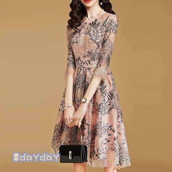 【大特価】パーティードレス 結婚式 40代 ロング 袖あり 五分袖 風 大きいサイズ フォーマルドレ...