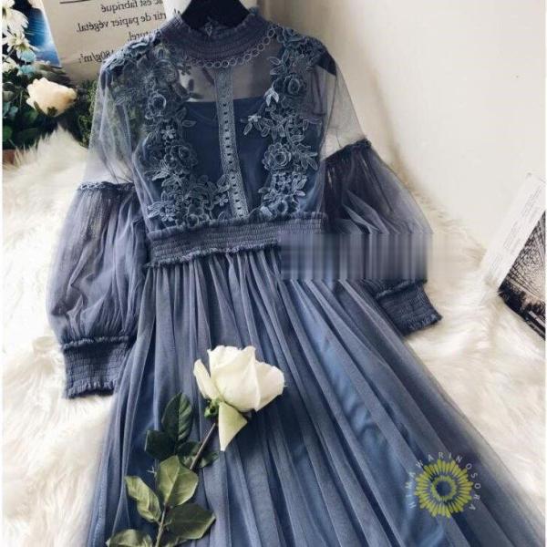 【大特価】パーティードレス ミモレ丈 袖あり 結婚式 ワンピース レースワンピース 二次会 バルーン...