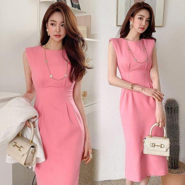 【大特価】ワンピース ロング タイト ノースリーブ ピンク ワンピース ドレス 結婚式 二次会 お呼...