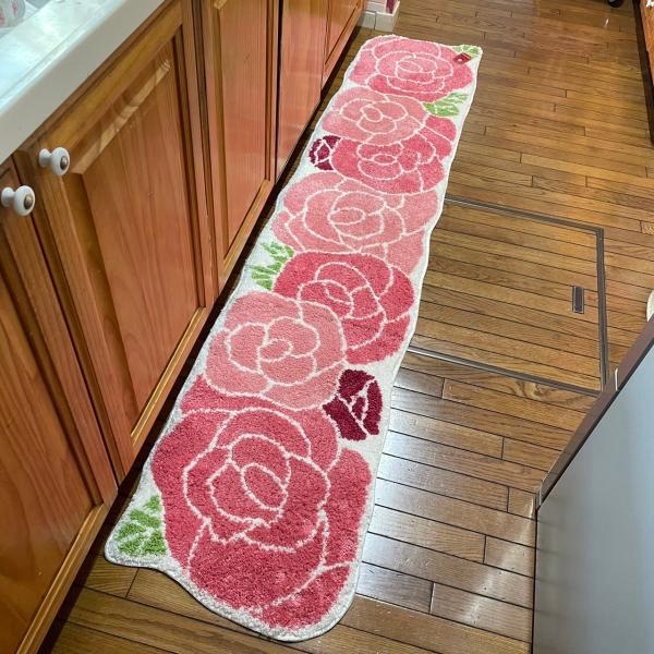 キッチンマット 220 おしゃれ ダイカットローズ ピンク 薔薇 45×220cm ピンク かわいい