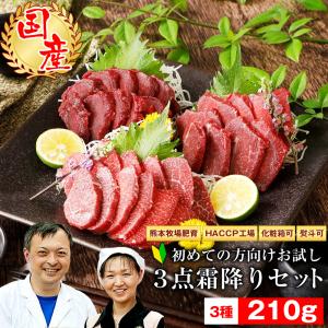 馬刺し 父の日 ギフト 馬肉 熊本 国産 お試し３点霜降りセット 2セット購入でおまけ付 馬刺 贈答 ギフト プレゼント 人気 産直｜馬刺し屋