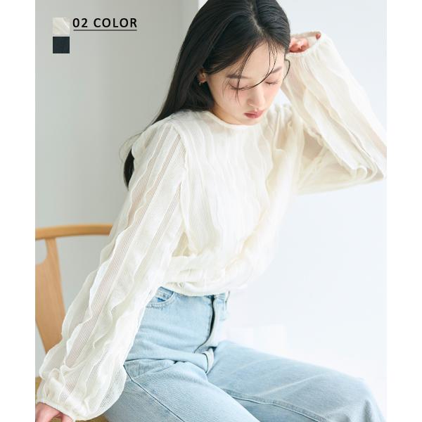 クロップドフリルブラウス｜クロップド シアー フリル レース ベーシック 長袖  シンプル スッキリ...