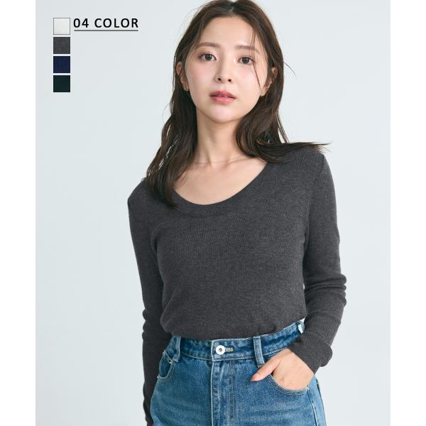 Uラウンドネックニット｜ディープラウンド  ニット 長袖 トップス 鎖骨  長袖 ベーシック スッキ...