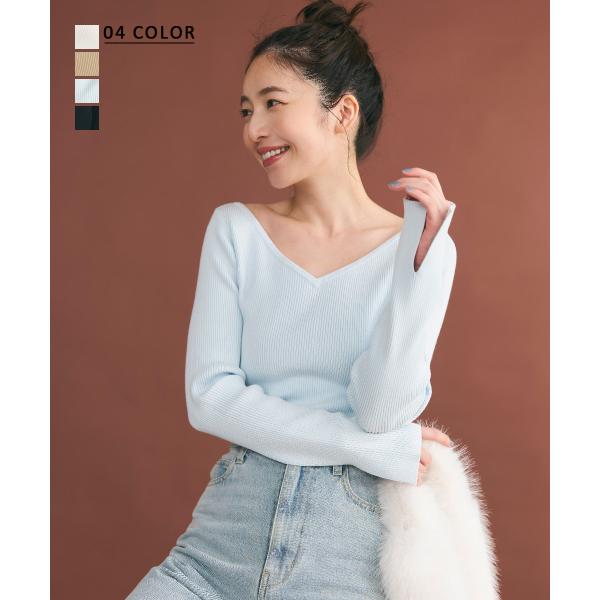 Vネックセミオフショルニット ｜ ちくちくしない 前後2way クルーネック ｜【宅配便】