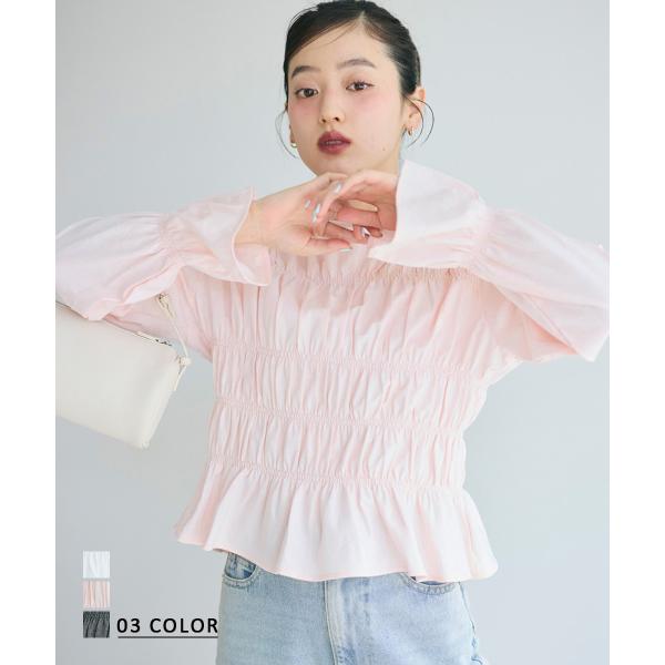 ギャザーティアードフレアブラウス｜トップス 長袖 ペプラム 綿 コットン フレア ブラウス オフィス...