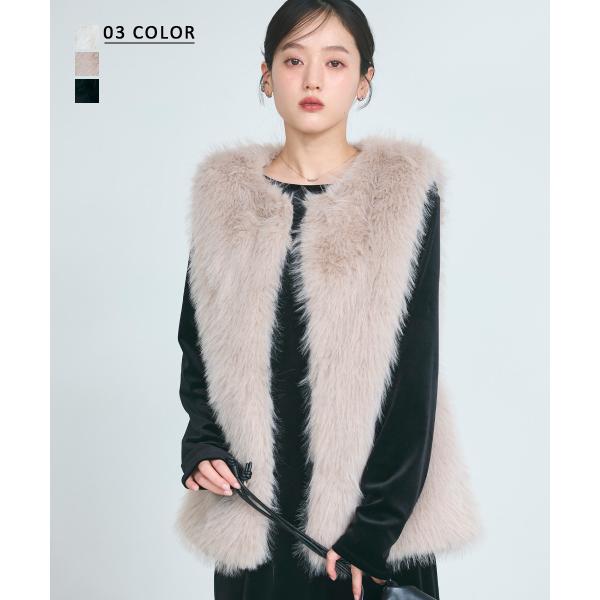 【HARUKA DESIGN】ノーカラーフェイクファーベスト｜アウター ノーカラー コート ファーベ...