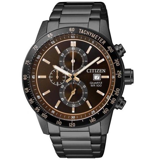 Citizen Chronograph Quartz 腕時計 ブラウン文字盤 ブラックステンレス メ...