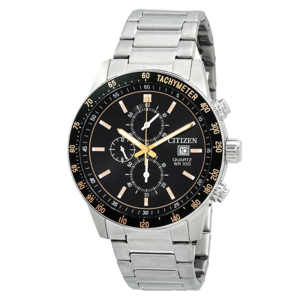 Citizen Chronograph Quartz 腕時計 ブラックダイヤル ステンレスベルト メ...