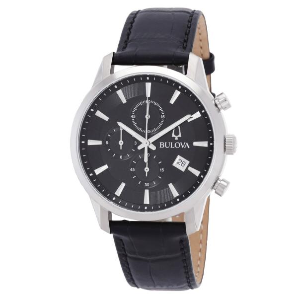 Bulova Sutton クロノグラフ 腕時計 クオーツ ブラック文字盤 シルバーケース レザーバ...