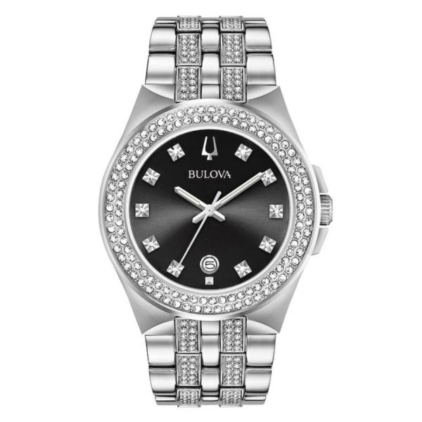 Bulova Crystal ブラックダイヤル 腕時計 メンズ クオーツ ペンダントセット シルバー...