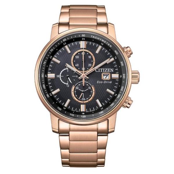 Citizen Eco-Drive クロノグラフ 腕時計 メンズ ブラック文字盤 ローズゴールド ス...