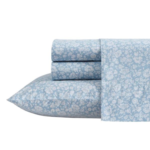 Laura Ashley 寝具セット 綿100% パーケール織り 花柄 ブルー フラワー ベッドシー...