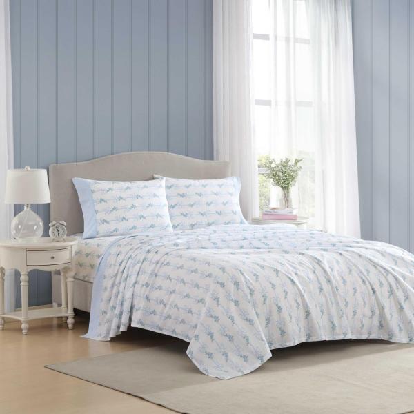 Laura Ashley ベッドシーツセット コットン パーケール地 ブルーフローラルリボン柄 寝具...