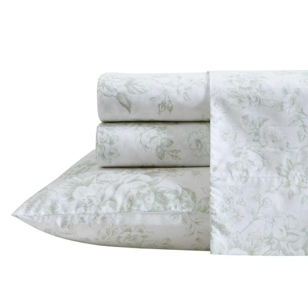 Laura Ashley ベッドシーツセット コットンパーケール トワルドゥライトグリーン 花柄 寝...