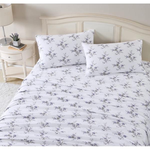 Laura Ashley フランネル ベッドシーツセット 洗える 綿100% 花柄 パープル