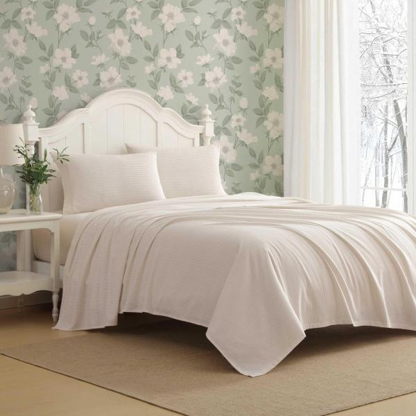 Laura Ashley フランネルシーツ オックスフォードストライプ ベージュ コットン 4点セッ...
