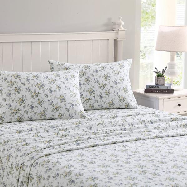 Laura Ashley フランネルシーツ 4点セット 花柄 コットン100% 暖かい ベッドシーツ...