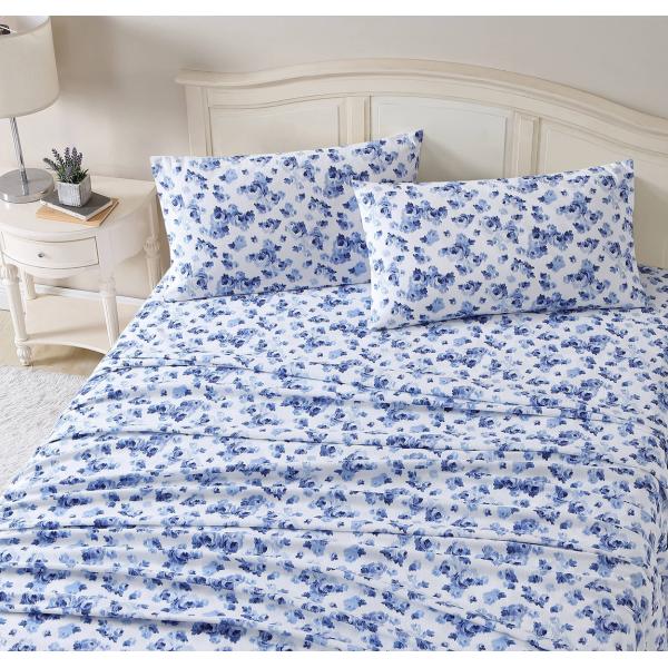Laura Ashley フランネル シーツセット ブルー 花柄 綿100% 枕カバー付き