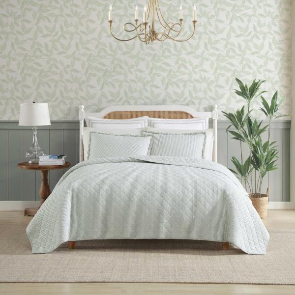 Laura Ashley キルトセット ベッドスプレッド オックスフォードストライプ グリーン ベッ...