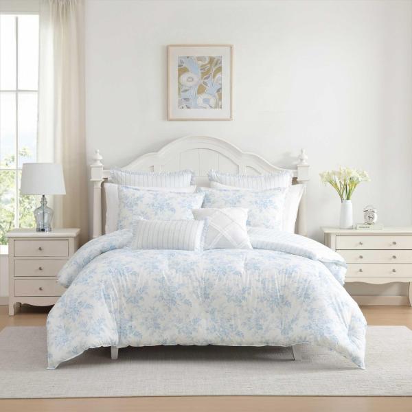 Laura Ashley 布団カバー 7点セット ブルー 花柄 ストライプ リバーシブル コットン ...
