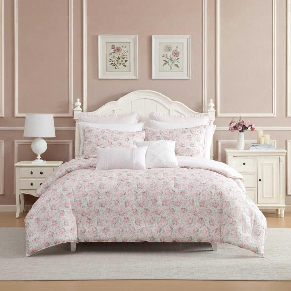 Laura Ashley ベッドカバー 7点セット 花柄 ピンク リバーシブル 綿100% 掛け布団...