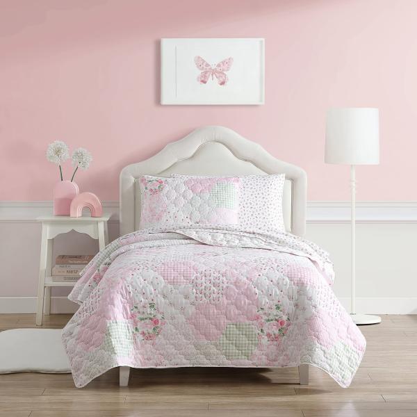 Laura Ashley Kids キルトセット ピンク 花柄 パッチワーク風 ベッドカバー 枕カバ...