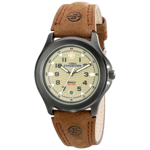 タイメックス Expedition メンズ 40mm オリーブ文字盤 ブラウンレザーベルト インディ...