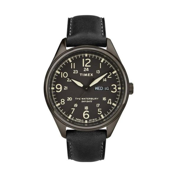 Timex Waterbury 腕時計 メンズ ブラック文字盤 ガンメタルケース レザーベルト クオ...