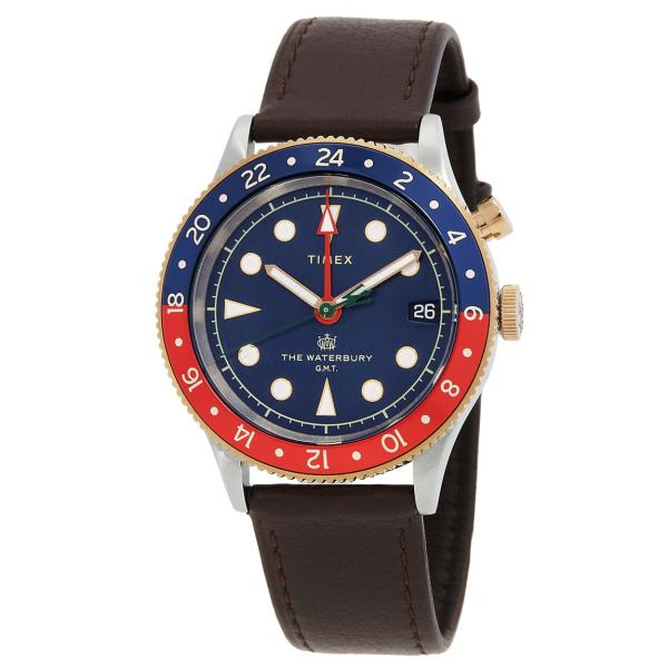 Timex Waterbury GMT 腕時計 クオーツ ブルー文字盤 ブラウンレザーストラップ メ...