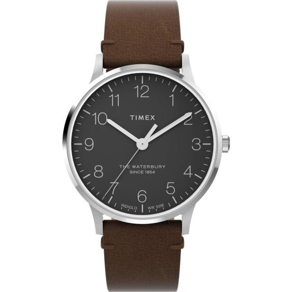 Timex Waterbury Classic 40mm 腕時計 メンズ ブラック文字盤 ブラウンレ...