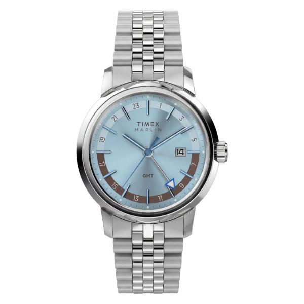 Timex Marlin GMT 腕時計 40mm シルバーケース アイスブルー文字盤 ステンレスブ...