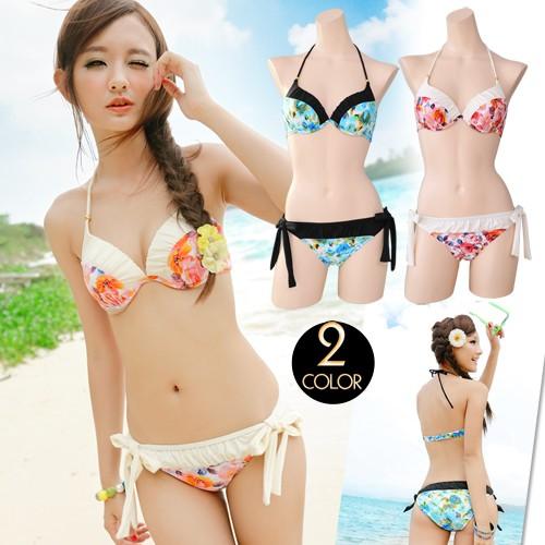 レース花柄ビキニ 2カラー 水着ビキニ上下セット レディースYY1421