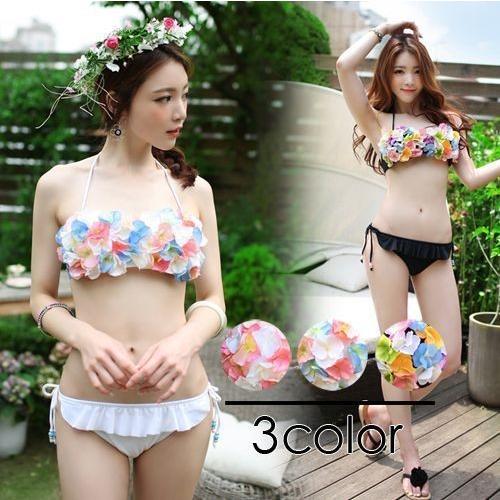 花びらビキニお花フラワー フリル ワイヤー入りバンドゥー ハンドメイド 格安水着上下セット レディー...