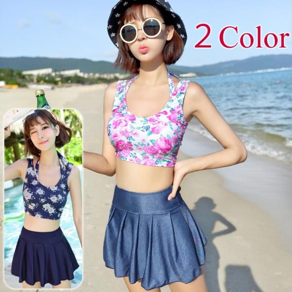 華やかなバラ柄 3ピースビキニ 2カラー 水着ビキニ上下セット レディース