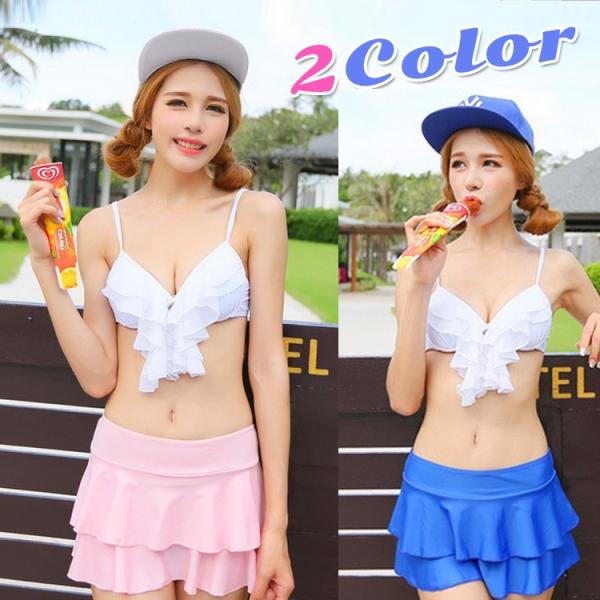 おしゃれなフリルスカート 3ピースビキニ 2カラー 水着ビキニ上下セット レディース