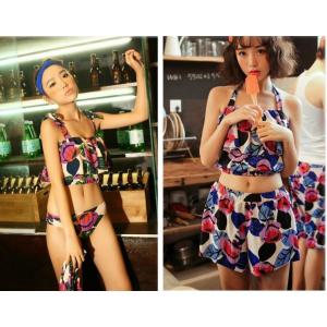 体型カバー フラワー タンキニ 3ピースセット 2カラー ショートパンツ 水着 大きいサイズ M/L...