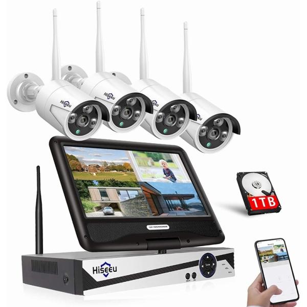 ワイヤレス防犯カメラセット Hiseeu 屋外セキュリティカメラ 10.1イン NVR 4台 300...