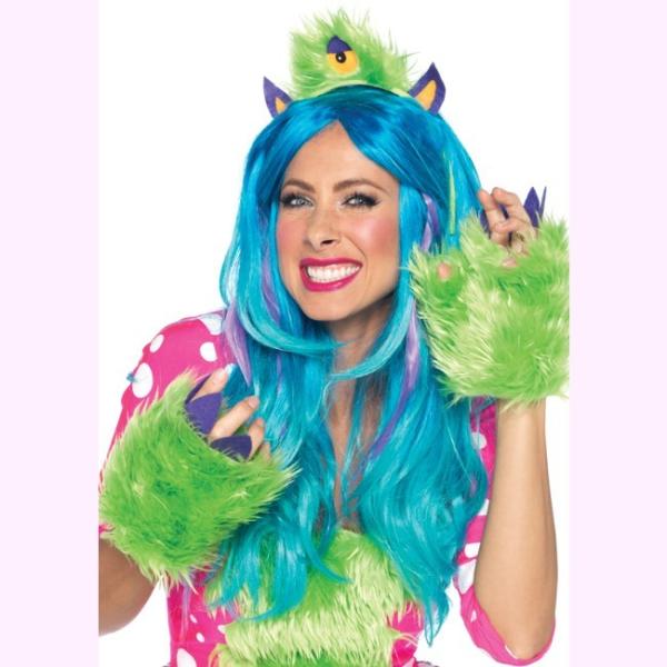 A1950とぼけた顔のふわふわモンスター ヘッドピースとモンスターハンドの2ピース グリーン　アクセ...