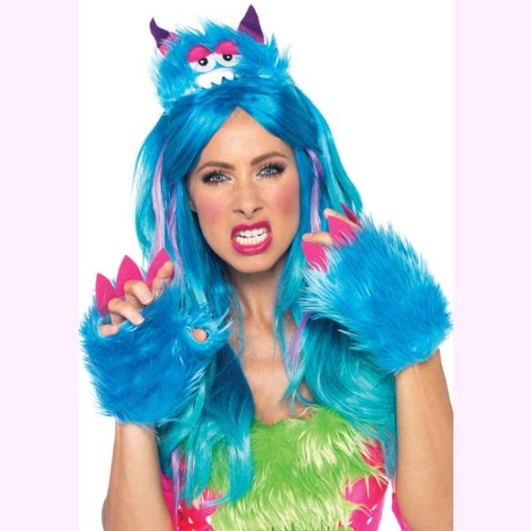 A1951とぼけた顔のふわふわモンスター ヘッドピースとモンスターハンドの2ピース　ブルー　アクセサ...