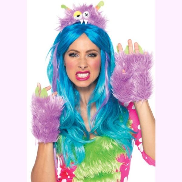 A1952とぼけた顔のふわふわモンスター ヘッドピースとモンスターハンドの2ピース ラベンダー　アク...